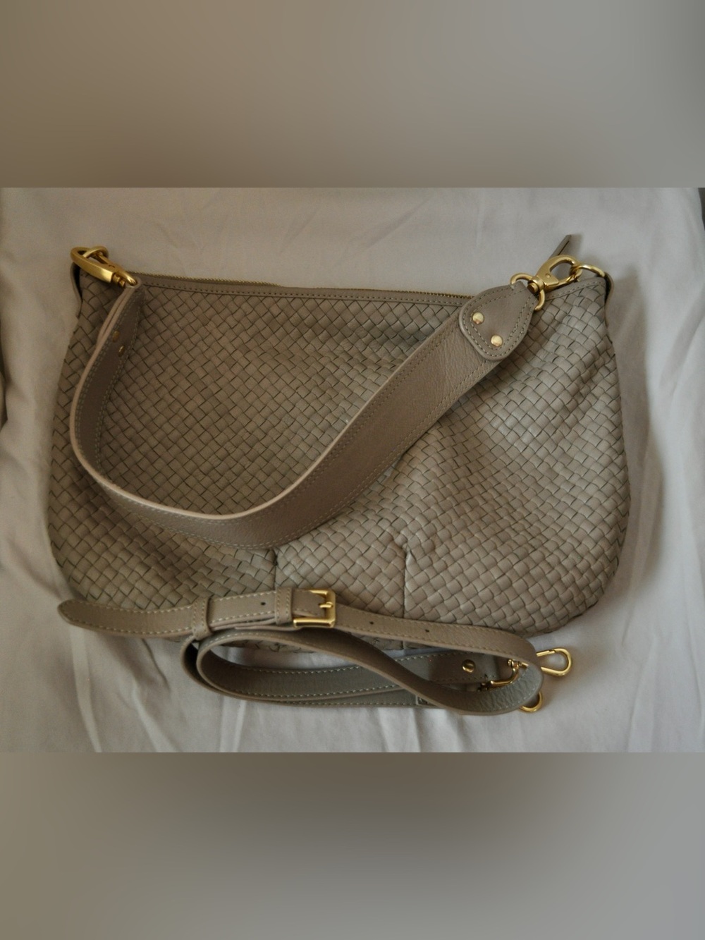 Quince Taupe Woven Shoulder Bag with Gold Hardware